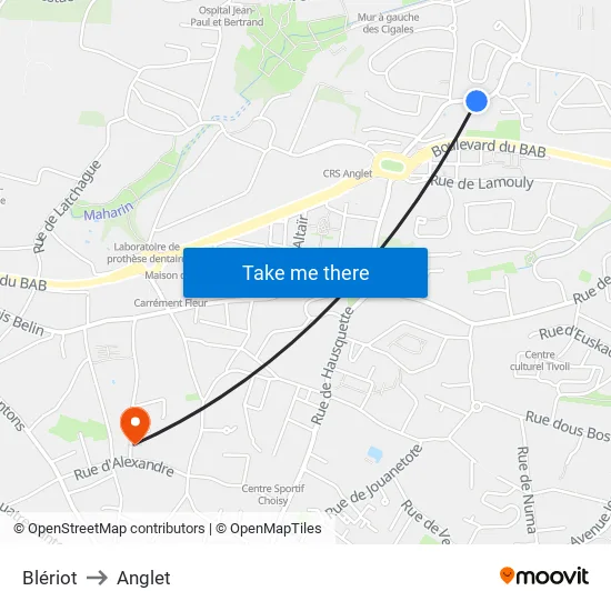 Blériot to Anglet map
