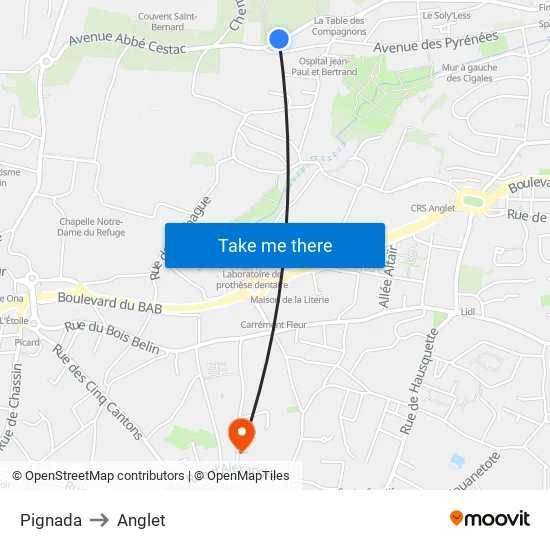 Pignada to Anglet map