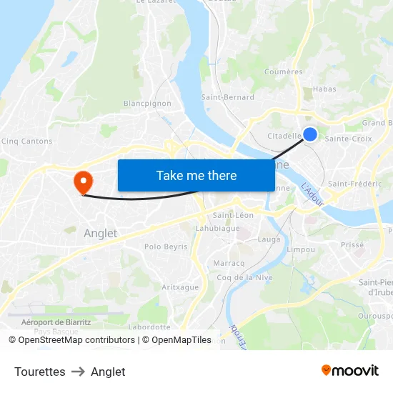 Tourettes to Anglet map