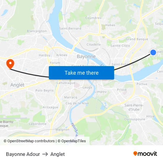 Bayonne Adour to Anglet map