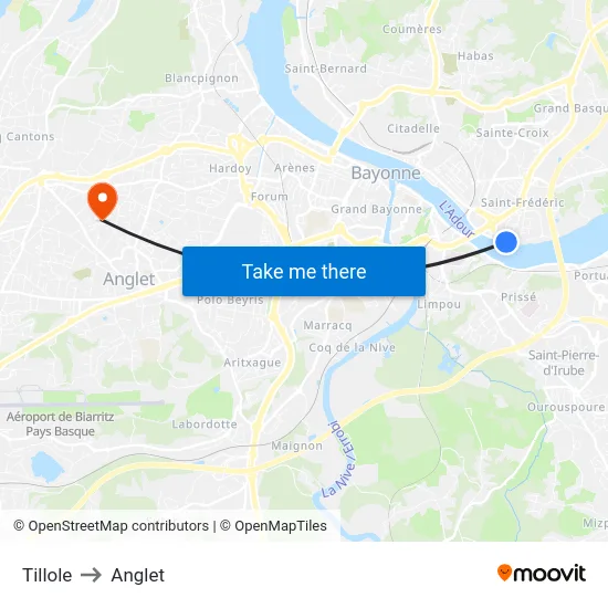 Tillole to Anglet map