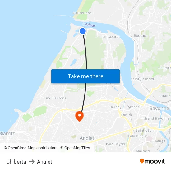 Chiberta to Anglet map