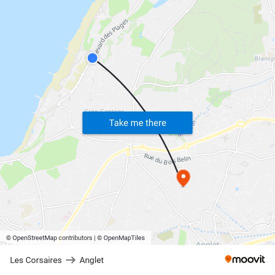 Les Corsaires to Anglet map
