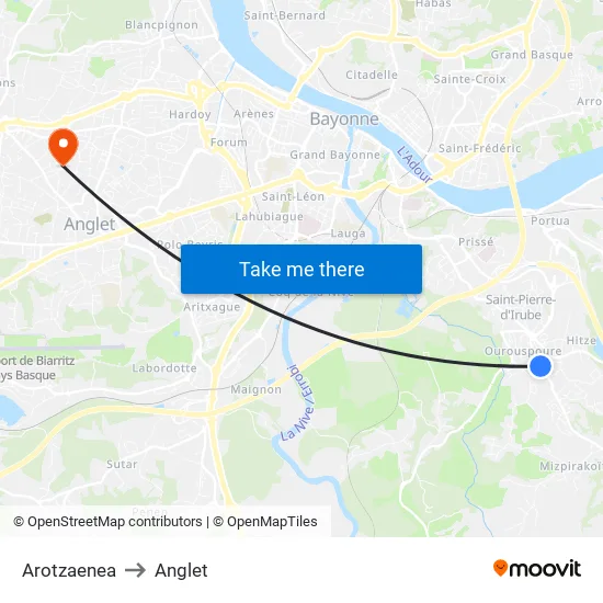 Arotzaenea to Anglet map