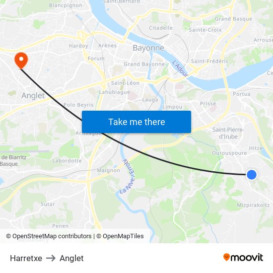 Harretxe to Anglet map
