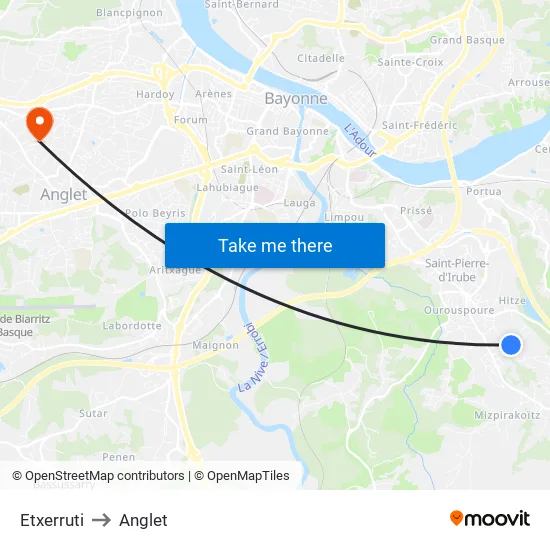 Etxerruti to Anglet map