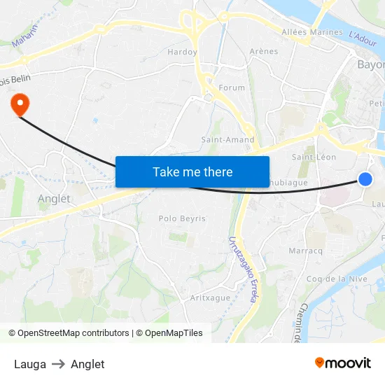 Lauga to Anglet map