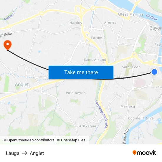 Lauga to Anglet map