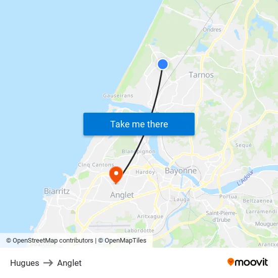 Hugues to Anglet map