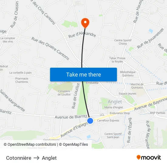 Cotonnière to Anglet map