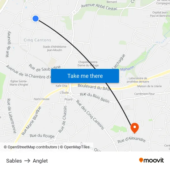 Sables to Anglet map