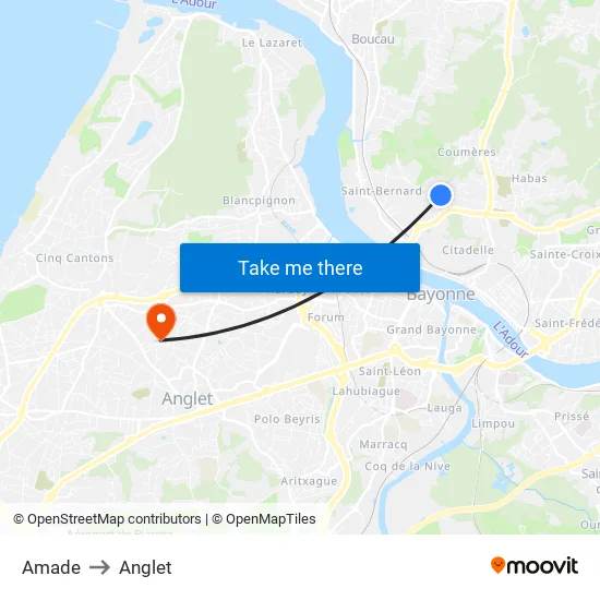 Amade to Anglet map