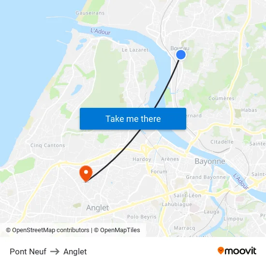 Pont Neuf to Anglet map