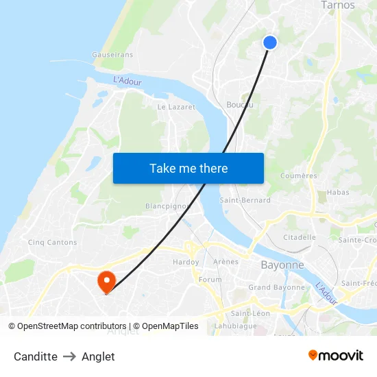 Canditte to Anglet map