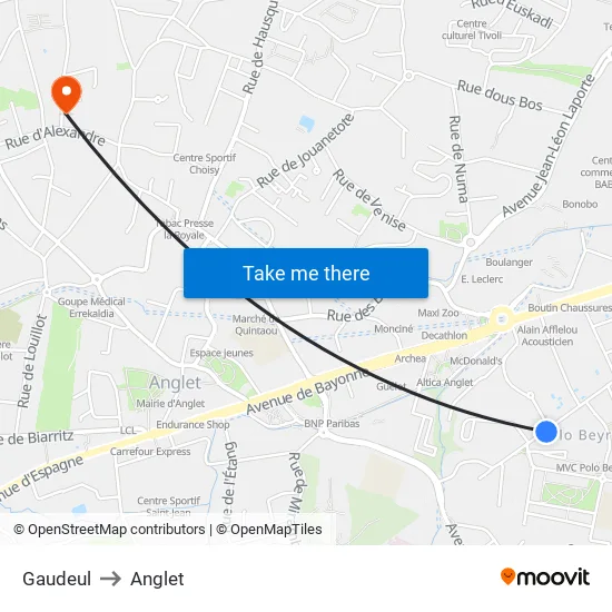 Gaudeul to Anglet map