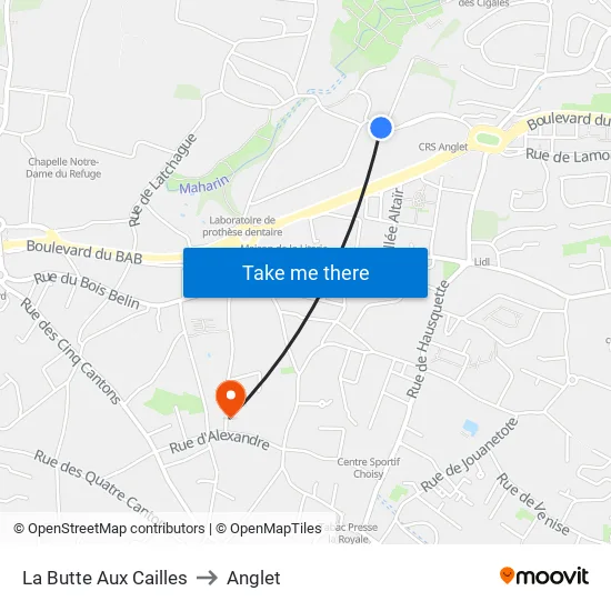 La Butte Aux Cailles to Anglet map