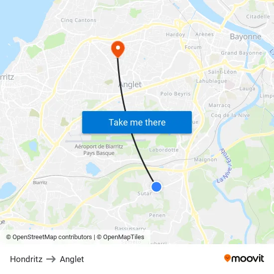 Hondritz to Anglet map