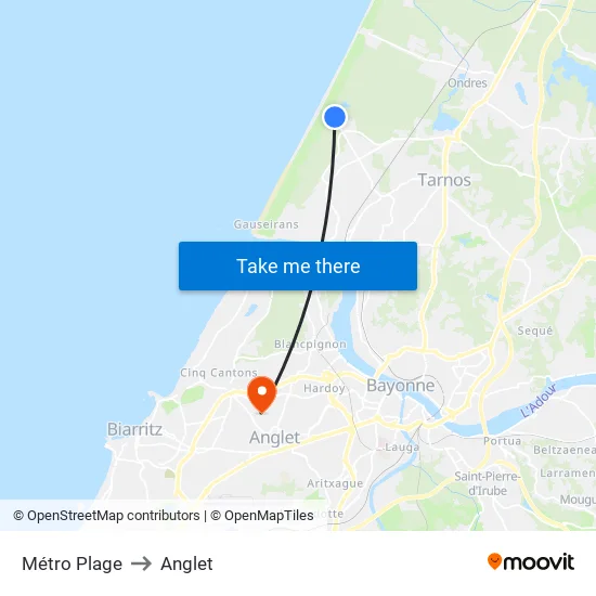 Métro Plage to Anglet map
