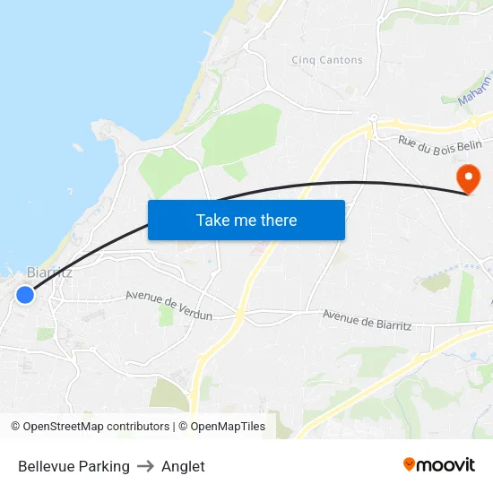 Bellevue Parking to Anglet map