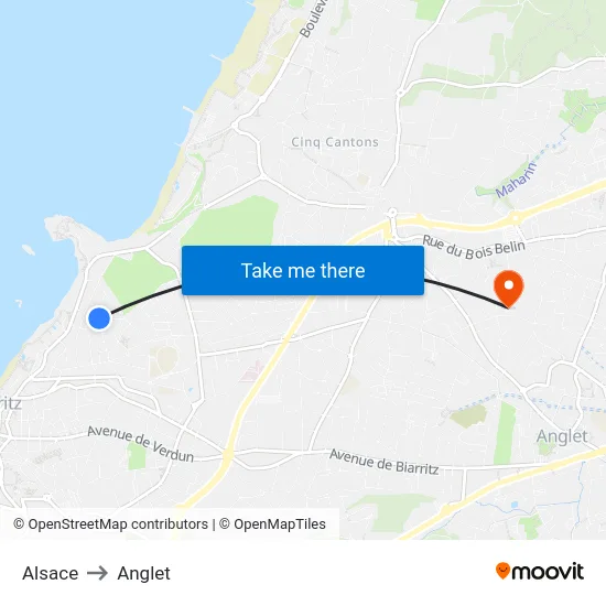 Alsace to Anglet map