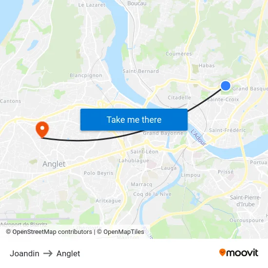 Joandin to Anglet map
