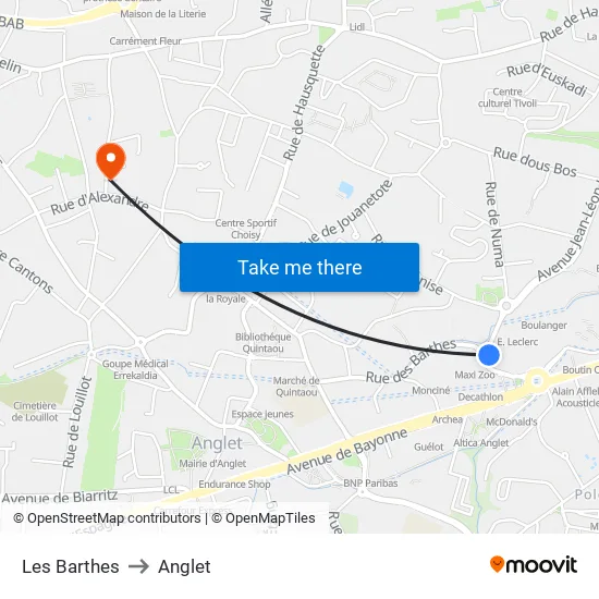 Les Barthes to Anglet map