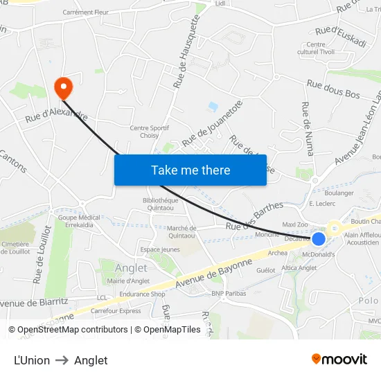L'Union to Anglet map