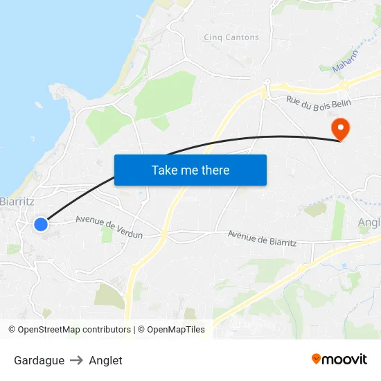Gardague to Anglet map
