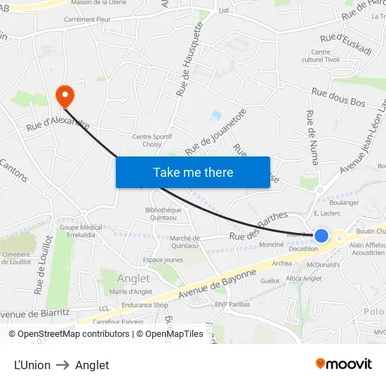 L'Union to Anglet map