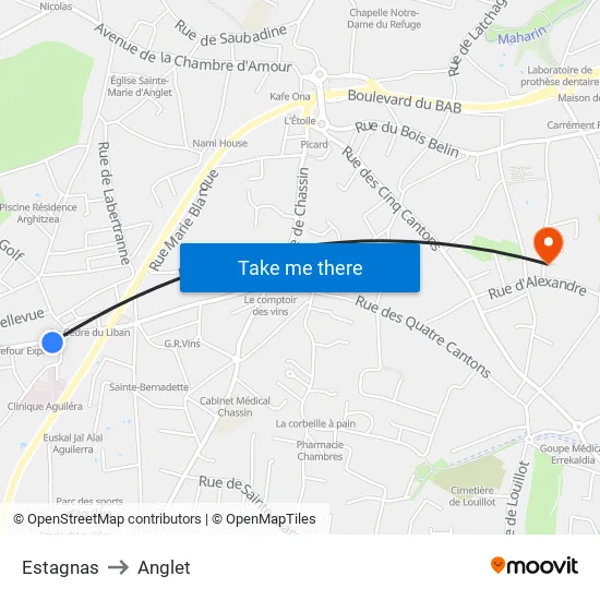 Estagnas to Anglet map