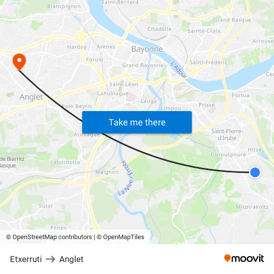 Etxerruti to Anglet map