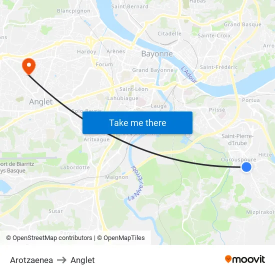 Arotzaenea to Anglet map
