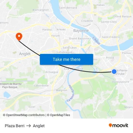 Plaza Berri to Anglet map