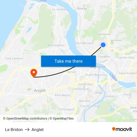 Le Bridon to Anglet map