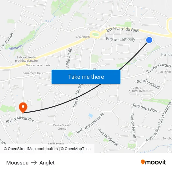 Moussou to Anglet map