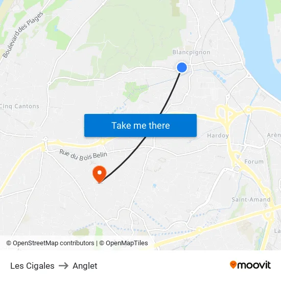 Les Cigales to Anglet map