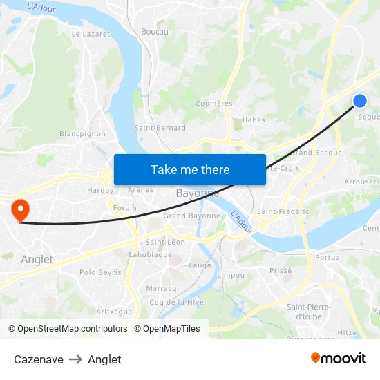 Cazenave to Anglet map