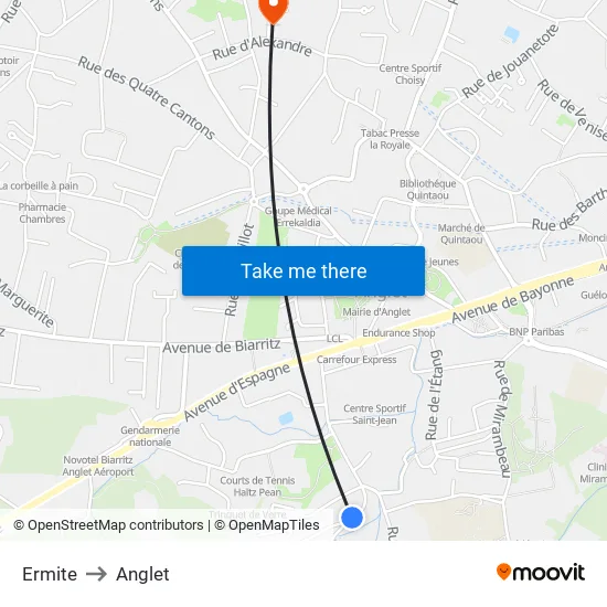 Ermite to Anglet map