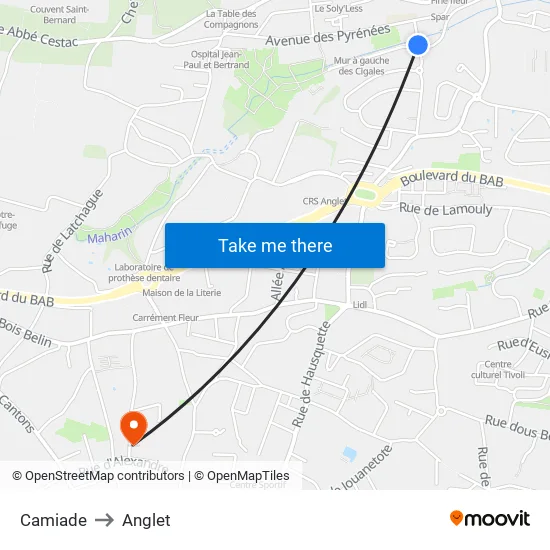 Camiade to Anglet map