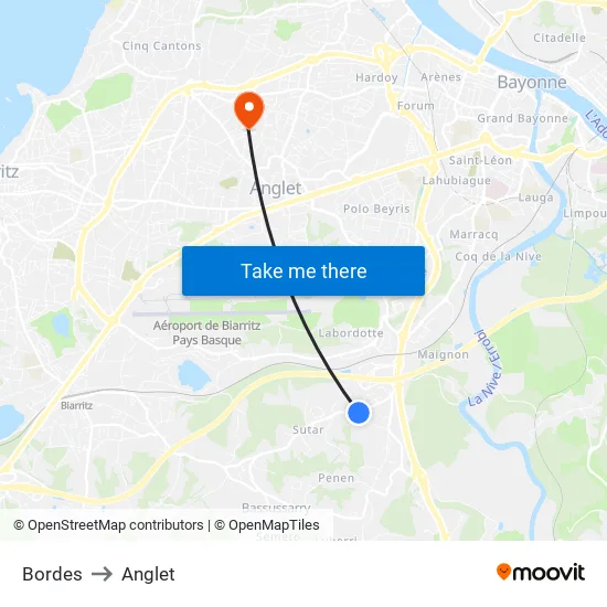 Bordes to Anglet map