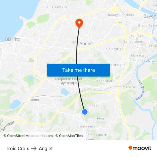 Trois Croix to Anglet map