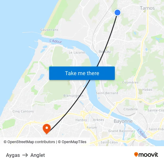 Aygas to Anglet map