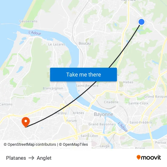 Platanes to Anglet map