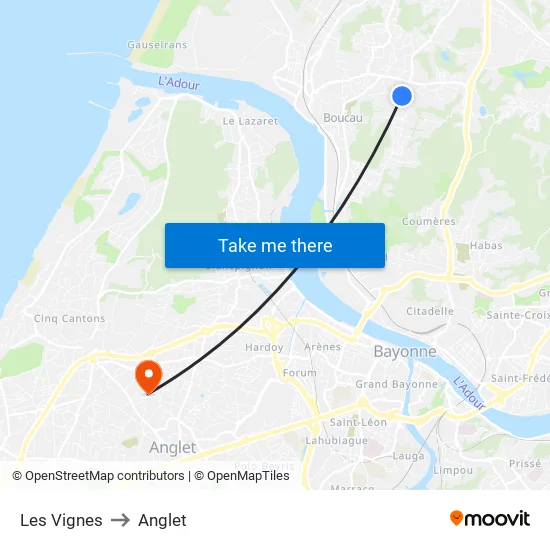 Les Vignes to Anglet map
