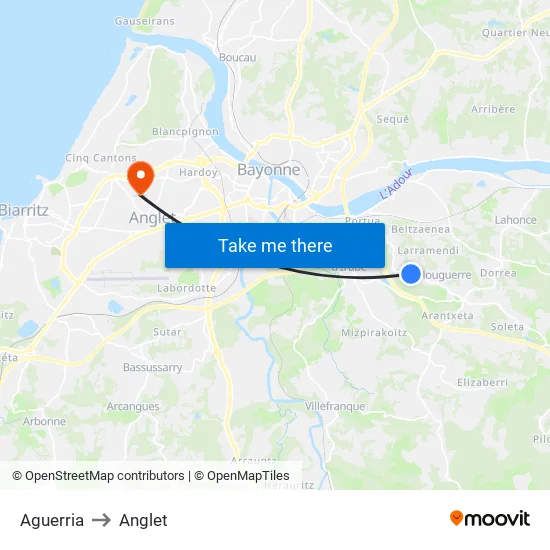 Aguerria to Anglet map