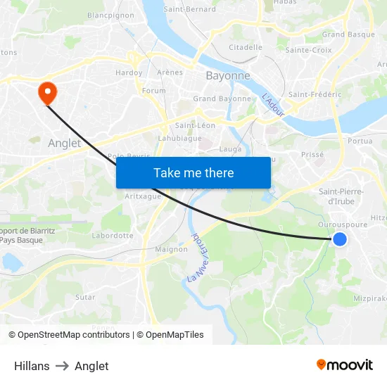 Hillans to Anglet map