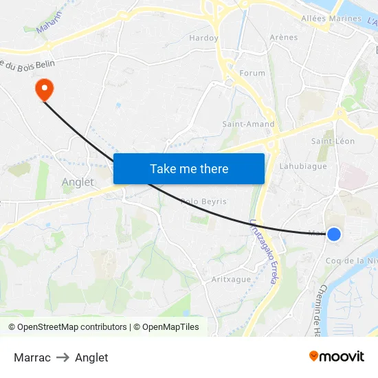 Marrac to Anglet map