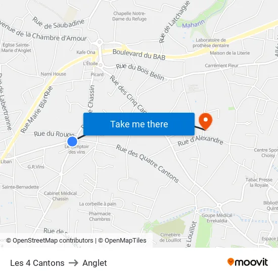 Les 4 Cantons to Anglet map