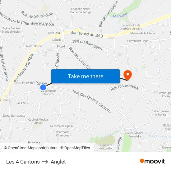 Les 4 Cantons to Anglet map