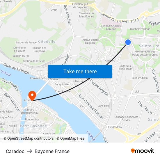 Caradoc to Bayonne France map